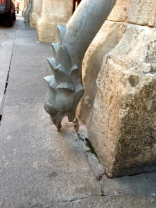 The water gutter pipes are finished with unusual bird-serpent-like animals all along the Calle Mayor.